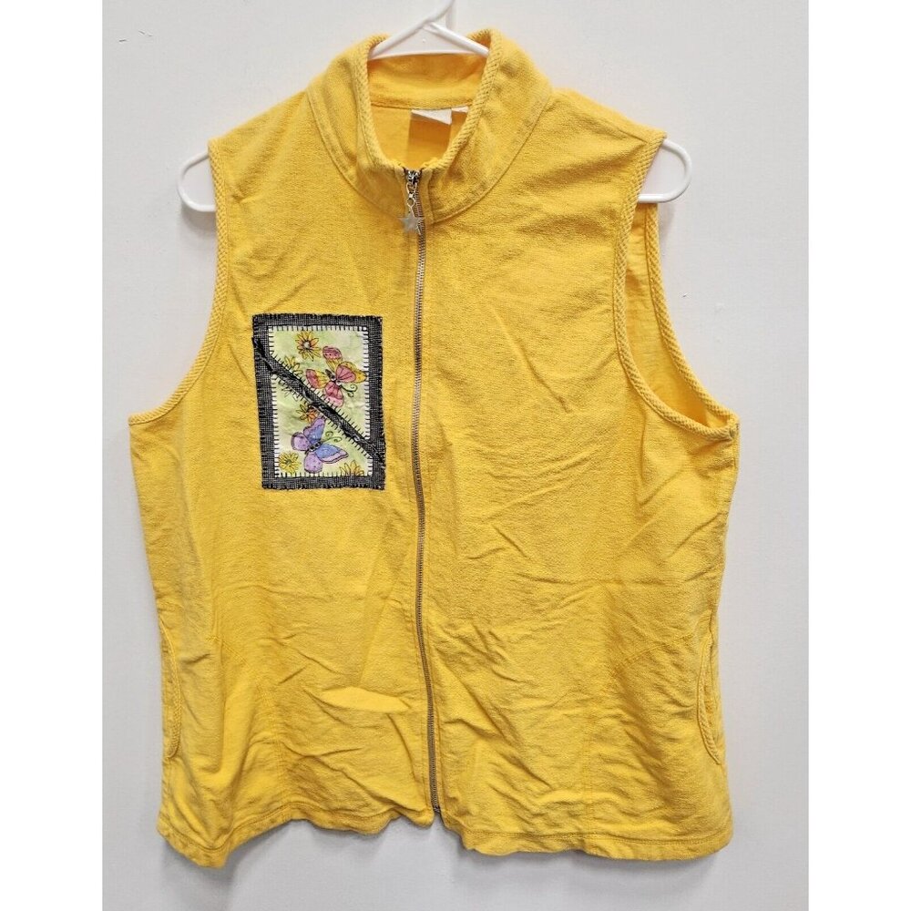 Focus Womens Wearable Art Vest Large Yellow Butterfly Rhinestone Patch Lagenlook